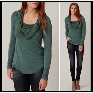 Free People Southside Thermal Top Womens Small Green Off Shoulder Cowl Neck Exc